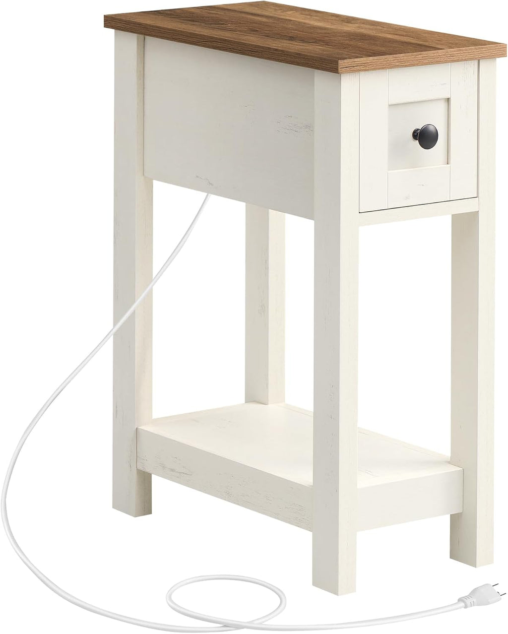 VASAGLE Farmhouse End Table with Storage Drawer, Narrow Side Table with Charging Station, Nightstand, Easy Assembly, for Living Room, Bedroom, Honey Brown and Rustic White ULET328W01