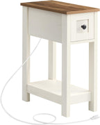 VASAGLE Farmhouse End Table with Storage Drawer, Narrow Side Table with Charging Station, Nightstand, Easy Assembly, for Living Room, Bedroom, Honey Brown and Rustic White ULET328W01