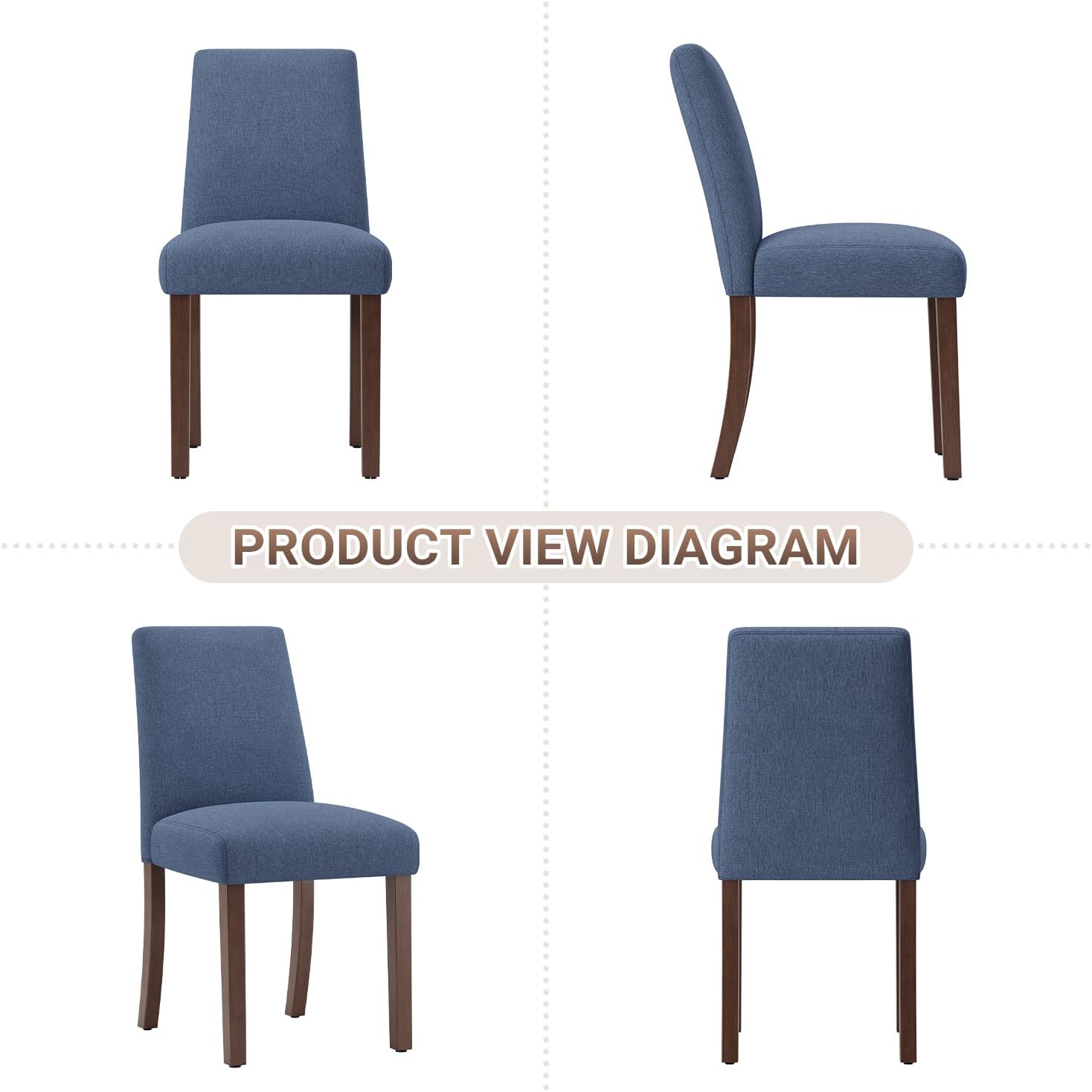 Upholstered Dining Chairs Set of 4, Mid-Century Dining Room Chairs with Wooden Legs, Farmhouse Fabric Parsons Chairs for Small Space Restaurant & Cafe- Blue
