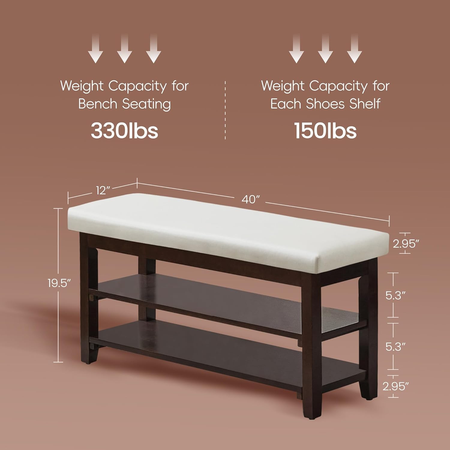 40" Shoe Bench with Leather Cushion, Upholstered Entryway Bench, Ivory | Mid Century Modern Shoe Rack, Solid Wood Frame, 2-Tier, End of Bed, Hallway, Mudroom, Bedroom
