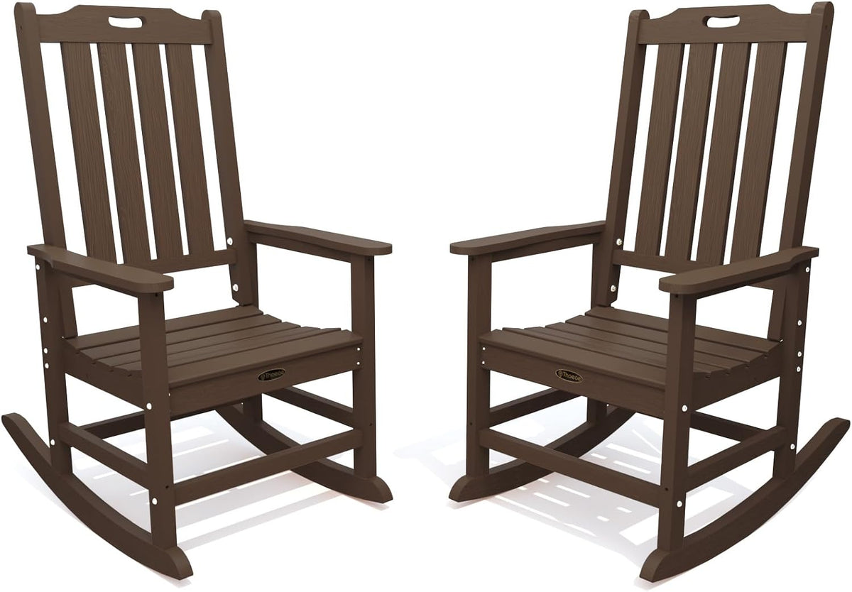 THOEOE Outdoor Rocking Chairs Set of 2, Oversized Patio Rocking Chair | HDPE Outdoor Rockers for Front Porch, Patio, Backyard, Balcony and Garden. All-Weather High Back Design, Brown