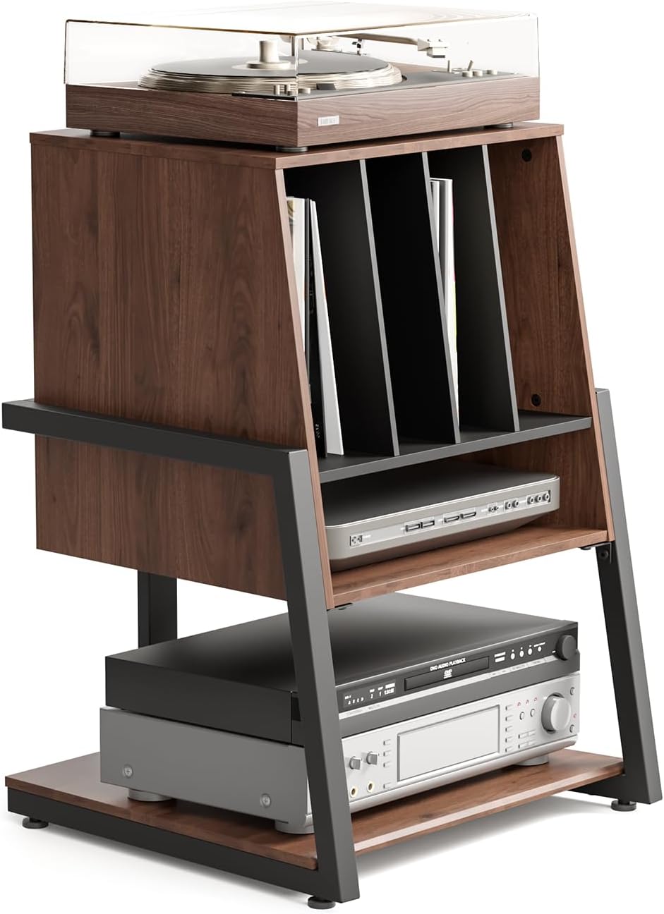 FITUEYES Record Player Stand with Storage for 120 Vinyl Records, Walnut | Vinyl Record Storage, Wooden Turntable Stand with Station, Small Entertainment Center for Living Room, Eiffel Series