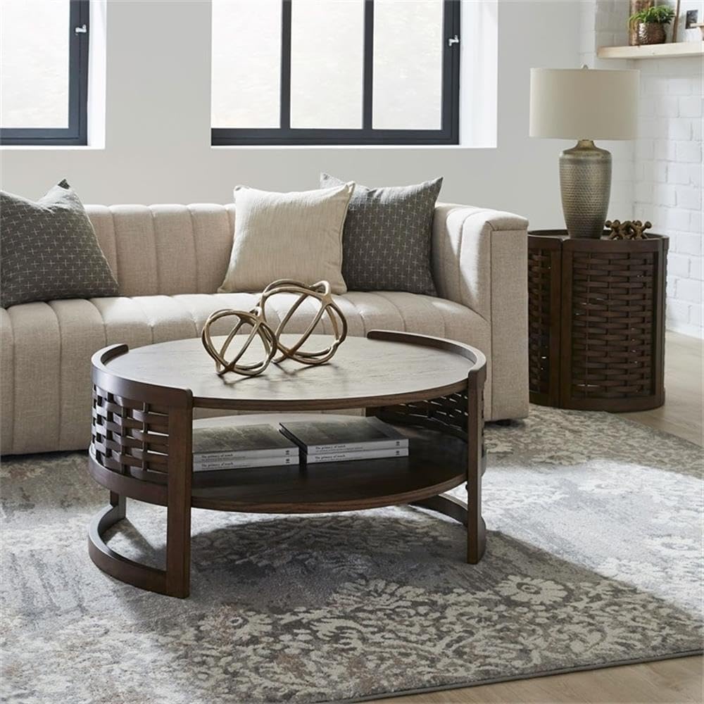 Pemberly Row 3 Piece Round Cocktail and End Table Set, Brown Oak Finish, Rubberwood and Oak Veneer, Basketweave Design, Compact Living Room Furniture Set, Includes Round Coffee Table and 2 End Tables