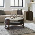Pemberly Row 3 Piece Round Cocktail and End Table Set, Brown Oak Finish, Rubberwood and Oak Veneer, Basketweave Design, Compact Living Room Furniture Set, Includes Round Coffee Table and 2 End Tables