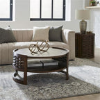 Pemberly Row 3 Piece Round Cocktail and End Table Set, Brown Oak Finish, Rubberwood and Oak Veneer, Basketweave Design, Compact Living Room Furniture Set, Includes Round Coffee Table and 2 End Tables