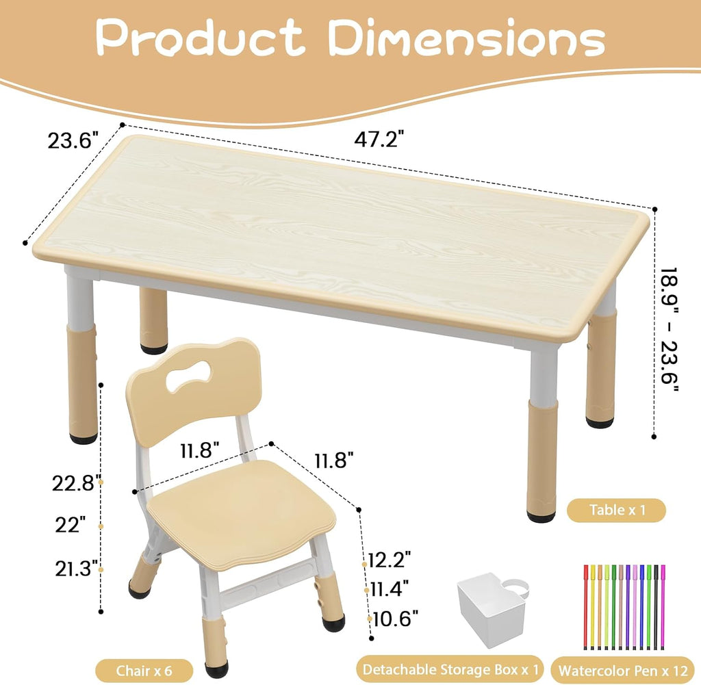 Kids Table and Chair Set - Height Adjustable Toddler Table and Chair Set with 6 Seats Non-Slip Legs,Children Multi-Activity Table for Ages 2-8 Graffiti Desktop,Family Learning Daily Use