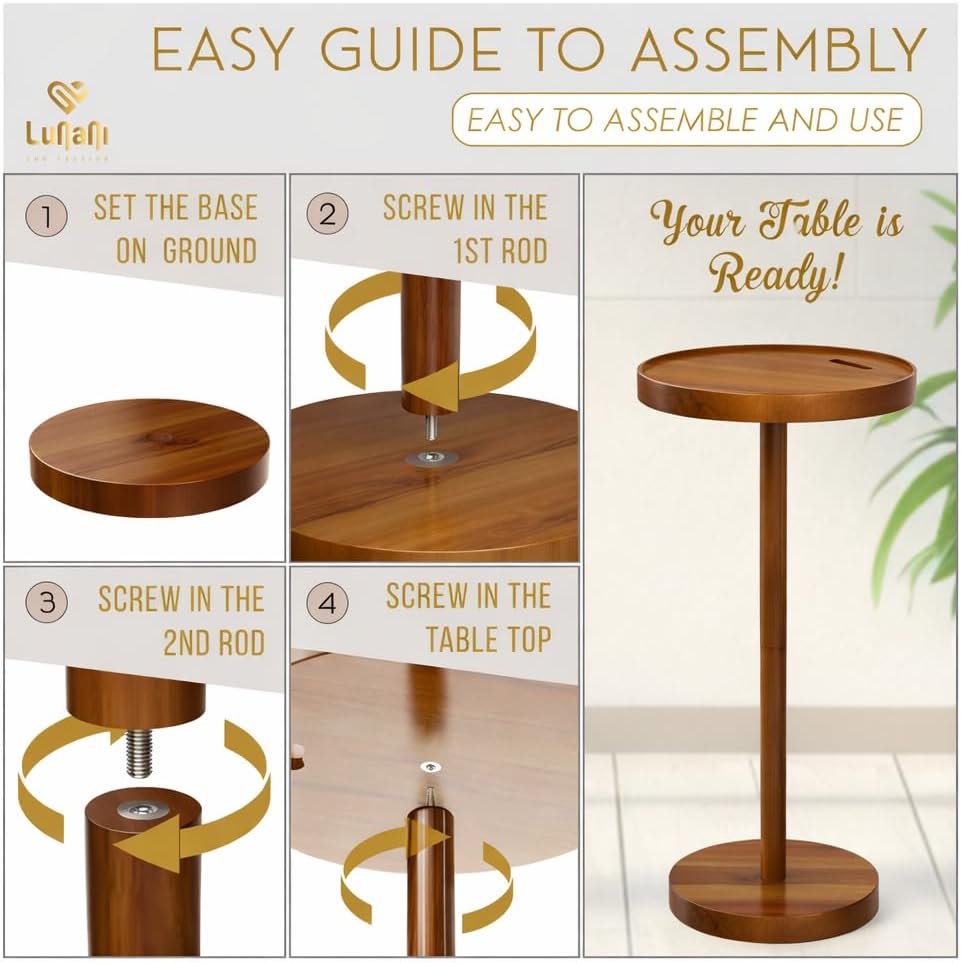 Drink Table for Small Spaces, 24” Tall Pedestal Side Table with Stable Base, Phone Holder & 2 Coasters, Natural Wood Accent End Table for Sofa, Bedside, Balcony or Living Room
