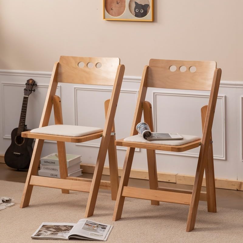 Wooden Folding Chair, Round Hole backrest,Natural Color,Set of 4 | Wooden folding chair with soft cushion, durable comfy, no assembly, ideal for home, wedding, banquet and indoor activities