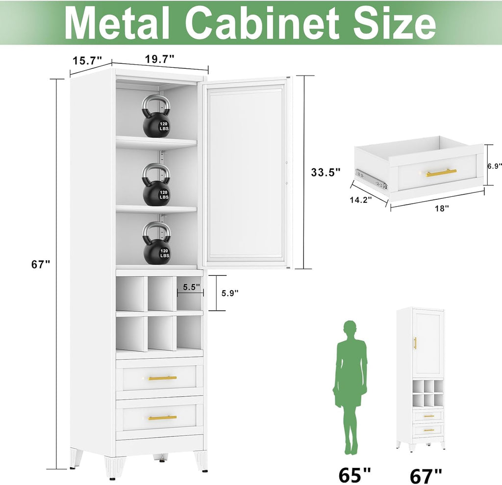 Ckzbx Tall Narrow Storage Cabinet, 66.93" H Tall Bathroom Cabinet Metal Pantry Cabinets with Hollowed-Out, 3 Adjustable Shelves, for Kitchen, Bathroom, Home Office, Living Room (White)