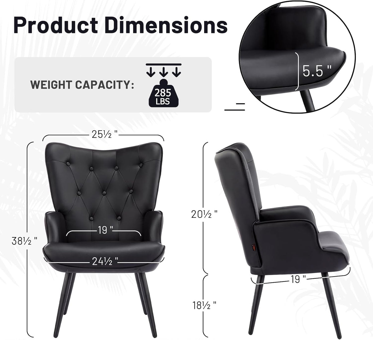 Furniliving PU Leather Accent Chair for Living Room, Upholstered Reading Chair with High Backrest, Tufted-Button Wingback Armchair for Bedroom, Dressing Room, Home Office, Black