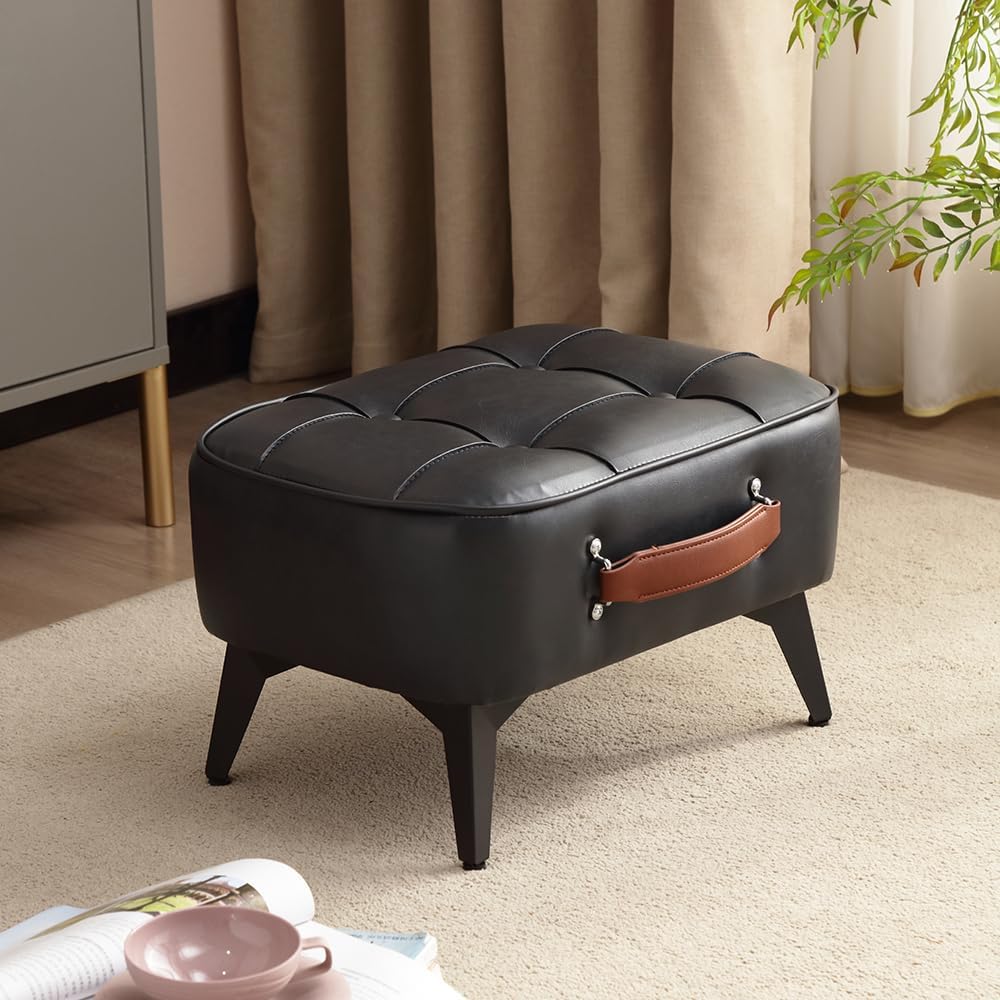 Vintage Style Faux Leather Ottoman Footstool - Wooden Frame, Upholstered Interior, Multi-Use Footrest for Living Room, Entryway, Office (Black)