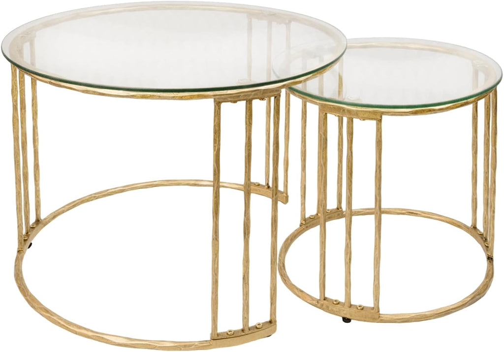 BEGINS Nesting Coffee Table Set of 2, 23.6" Round Coffee Table, Hand Forged Vintage Gold Center Table with Glass Top for Living Room, Bedroom, Balcony