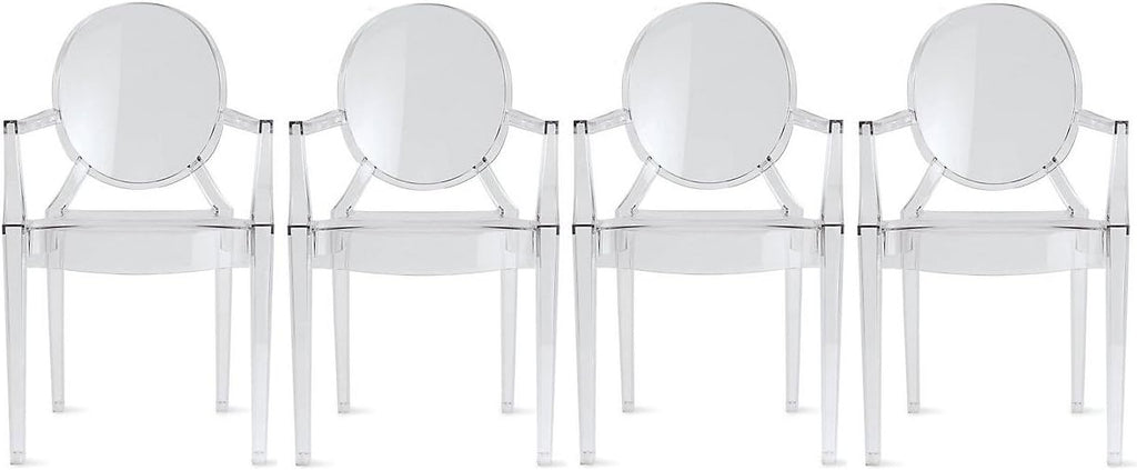 2xhome - Set of 4 Modern Designer Louis Ghost Armchairs with Polycarbonate Crystal Clear Transparent Plastic Dining Chairs