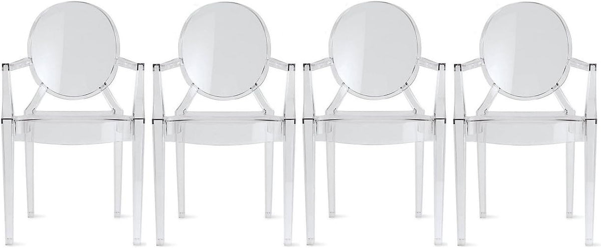 2xhome - Set of 4 Modern Designer Louis Ghost Armchairs with Polycarbonate Crystal Clear Transparent Plastic Dining Chairs