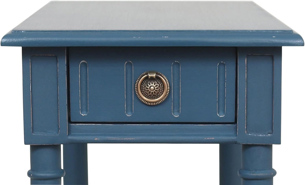 East at Main Handmade Solid Wood Narrow End Table with Drawer, Slim Blue Side Table for Bedroom, Living Room, or Entryway, Farmhouse Accent Furniture with Shelf and Turned Legs