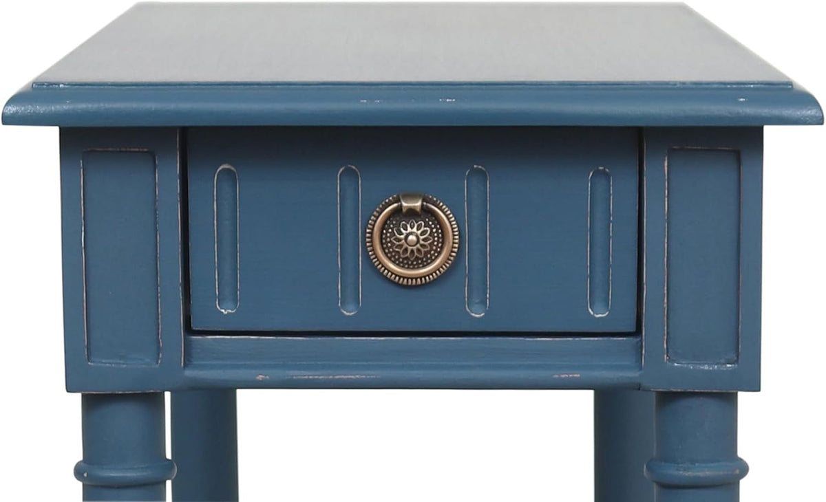 East at Main Handmade Solid Wood Narrow End Table with Drawer, Slim Blue Side Table for Bedroom, Living Room, or Entryway, Farmhouse Accent Furniture with Shelf and Turned Legs