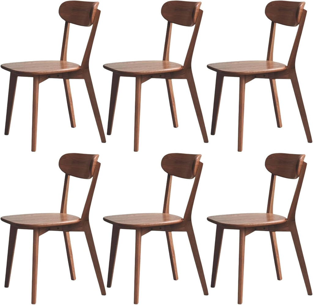 Solid Wood Dining Chairs Mid Century Modern Kitchen Chairs Set of 6 | Rounded Curved Backrest, Wide Comfortable Seat, Ergonomic Support, Easy Clean Wood Finish, Multiple Set Options,Walnut Color