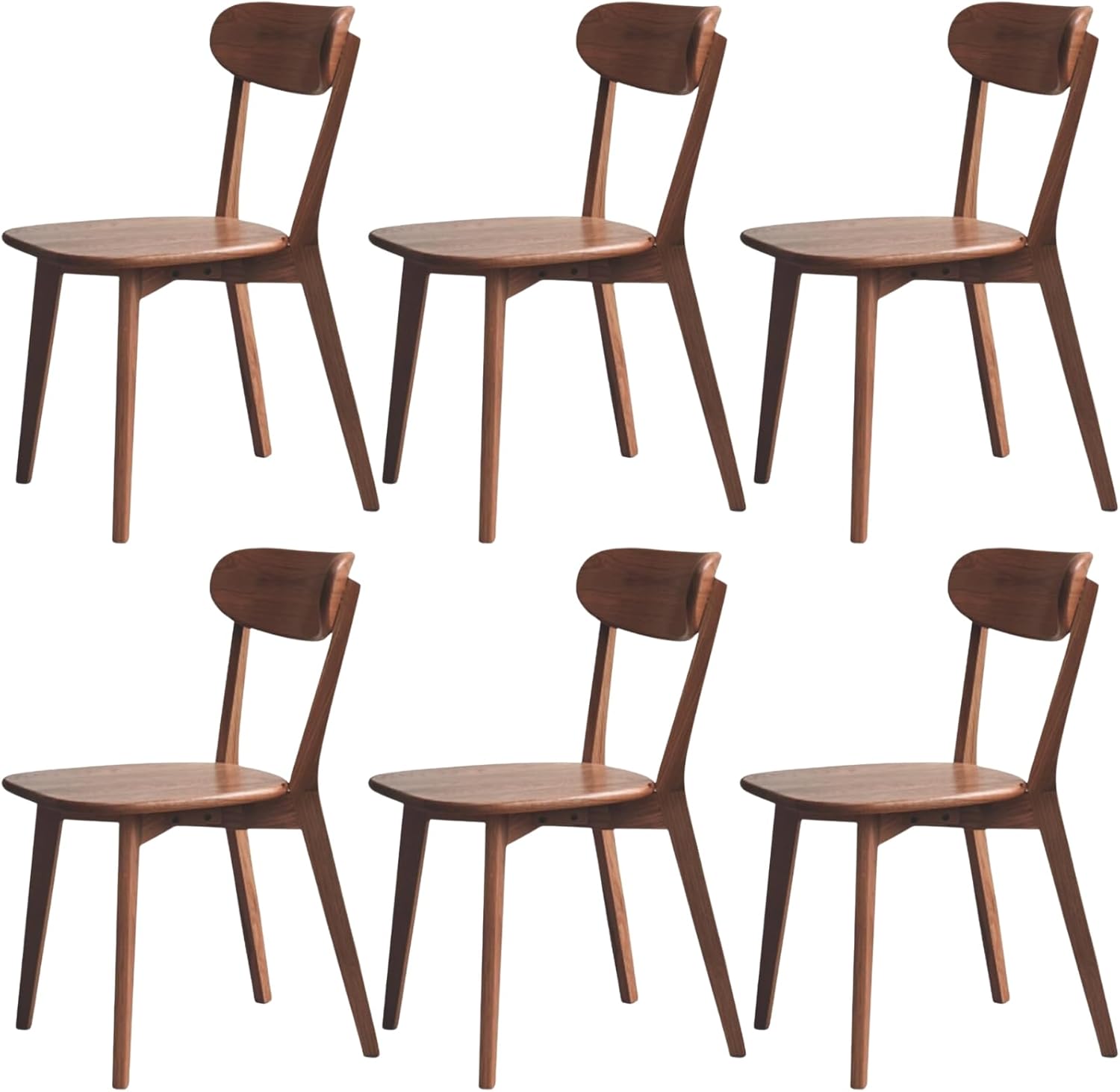 Solid Wood Dining Chairs Mid Century Modern Kitchen Chairs Set of 6 | Rounded Curved Backrest, Wide Comfortable Seat, Ergonomic Support, Easy Clean Wood Finish, Multiple Set Options,Walnut Color