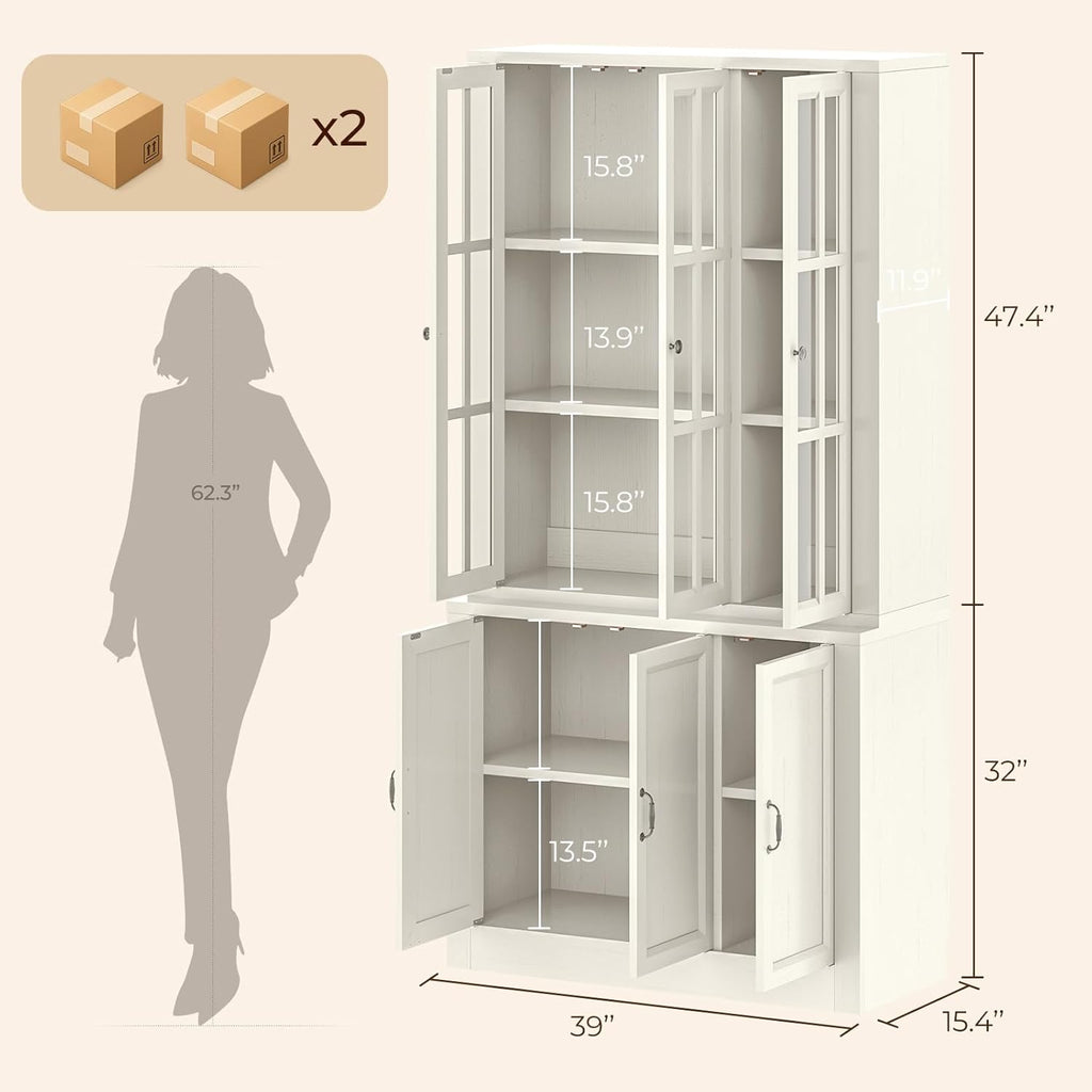 80" Modular Kitchen Pantry Cabinet, 2-in-1 Freestanding Tall Pantry Cabinet with Glass Doors & Adjustable Shelves, Large Hutch Storage Cabinet for Kitchen & Living Room (2, White, 6 Doors)