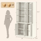 80" Modular Kitchen Pantry Cabinet, 2-in-1 Freestanding Tall Pantry Cabinet with Glass Doors & Adjustable Shelves, Large Hutch Storage Cabinet for Kitchen & Living Room (2, White, 6 Doors)