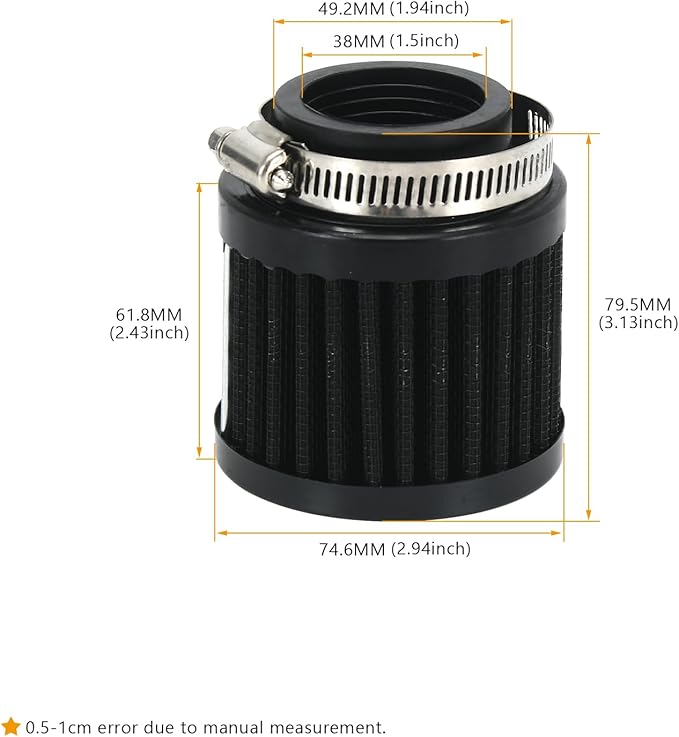 PTNHZ Universal Black Neck 1.5" 38mm Car High Flow Cold Air Intake Air Filter Power Intake Air Inlet System Air Cleaner