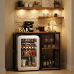Homieasy Mini Fridge Cabinet with Power Outlet, Rustic Brown | Coffee Bar Cabinet with Mini Fridge Space, Industrial Liquor Cabinet with Wine Storage & Glass Holder for Dorm, Living Room