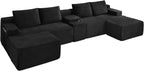 GNIXUU 140.6" Black Cloud Sectional Couches for Living Room | 2 Cup Holders, Oversized Comfort, U-Shaped Modular Sofa Set, Storage Console, 2 Side Pockets, Corduroy Fabric, No Assembly