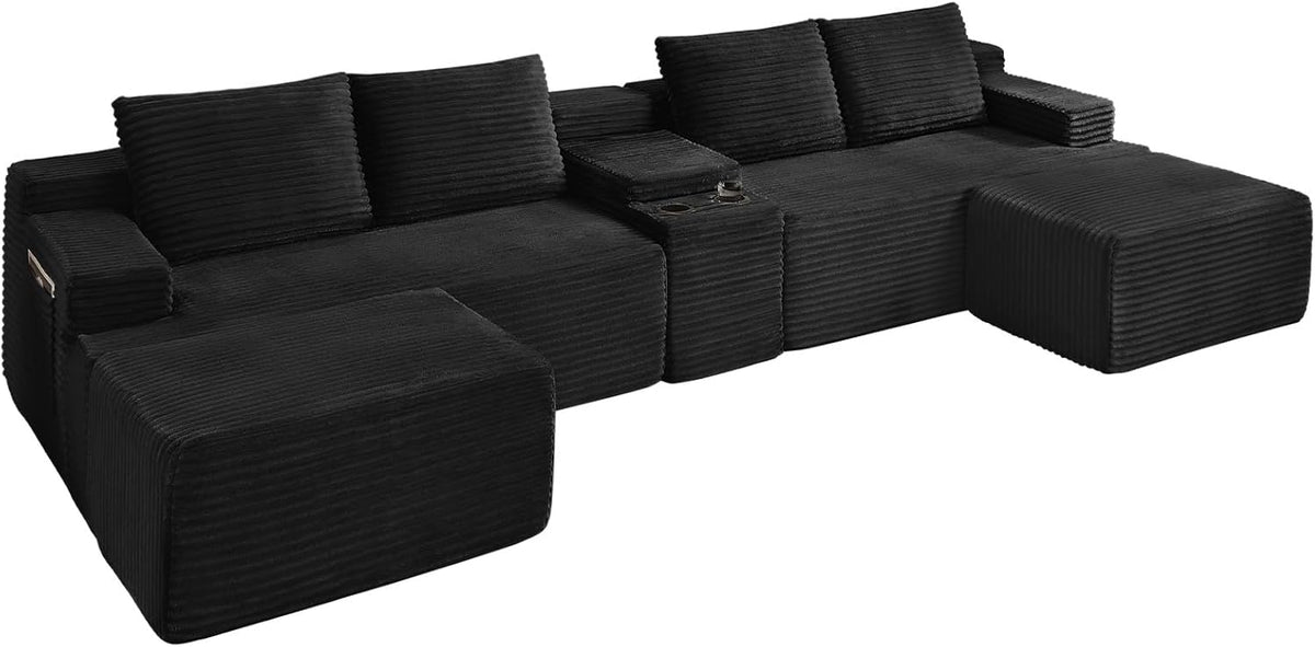 GNIXUU 140.6" Black Cloud Sectional Couches for Living Room | 2 Cup Holders, Oversized Comfort, U-Shaped Modular Sofa Set, Storage Console, 2 Side Pockets, Corduroy Fabric, No Assembly