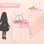 JOYMOR Kids Vanity with Lights, Girls Vanity Set w/Touch Screen 3 Colors Adjustment, Solid Wood Leg, 1 Drawer, 2 Storage Boxes, Kids Vanity Table and Chair Set (Pink)
