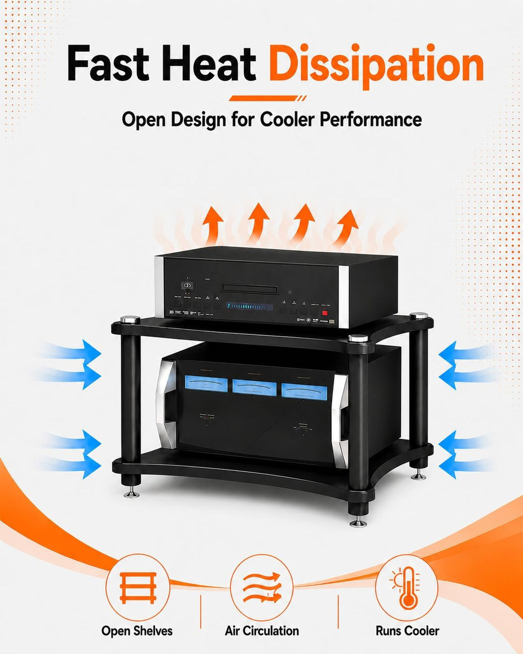 Heavy Duty 2-Tier AV Media Stand, 176 lb Load Capacity, Black | anti-vibration feet that help reduce resonance for clearer sound, open ventilation, cable management, Built for Hi-Fi systems
