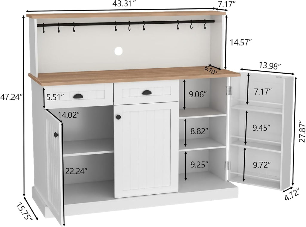 Gyfimoie Sideboard Buffet Cabinet with 2 Drawers, Farmhouse Kitchen Pantry with Adjustable Shelves, Coffee Bar Cupboard Cabinet with 3 Doors for Kitchen, Dining Room (White)