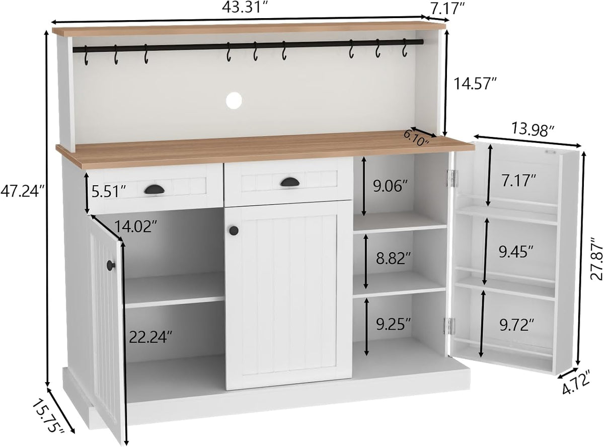 Gyfimoie Sideboard Buffet Cabinet with 2 Drawers, Farmhouse Kitchen Pantry with Adjustable Shelves, Coffee Bar Cupboard Cabinet with 3 Doors for Kitchen, Dining Room (White)