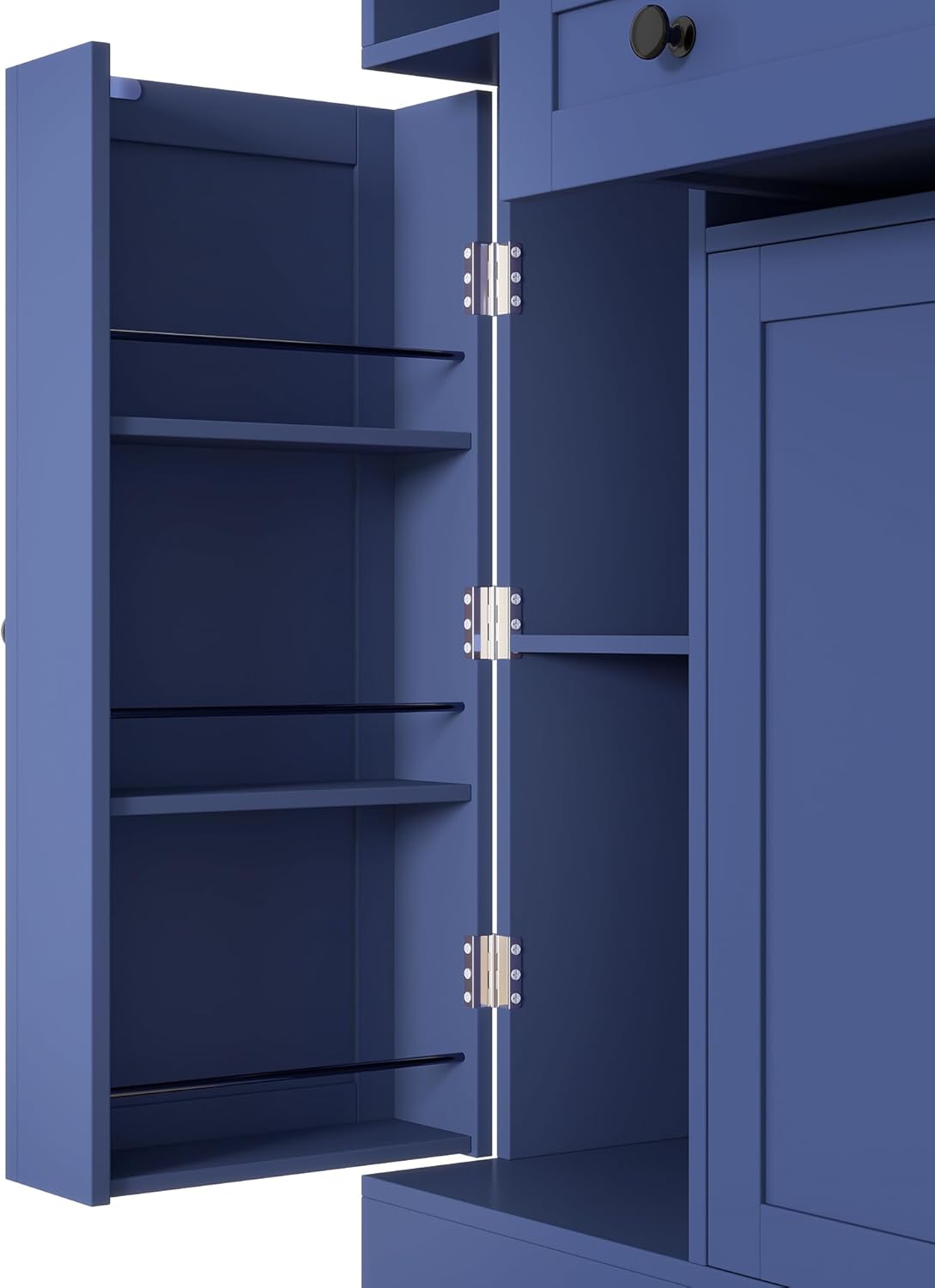 Polibi Freestanding Pantry Cabinet with Hutch & 7-Tier Pull-Out Side Cabinet, Door Shelves and Drawer, P2 MDF, Anti-Tip Safety, 52.8x17.7x70inch (Blue)