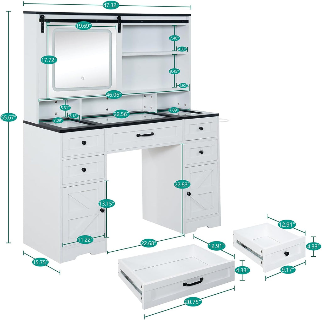 Vanity with Sliding Barn Mirror, Glass Top Makeup Desk with Outlet & Charging Station, 3-Color Lights, 7 Drawers & Shelves for Bedroom, Modern Adjustable Storage Dresser Table