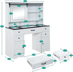 Vanity with Sliding Barn Mirror, Glass Top Makeup Desk with Outlet & Charging Station, 3-Color Lights, 7 Drawers & Shelves for Bedroom, Modern Adjustable Storage Dresser Table