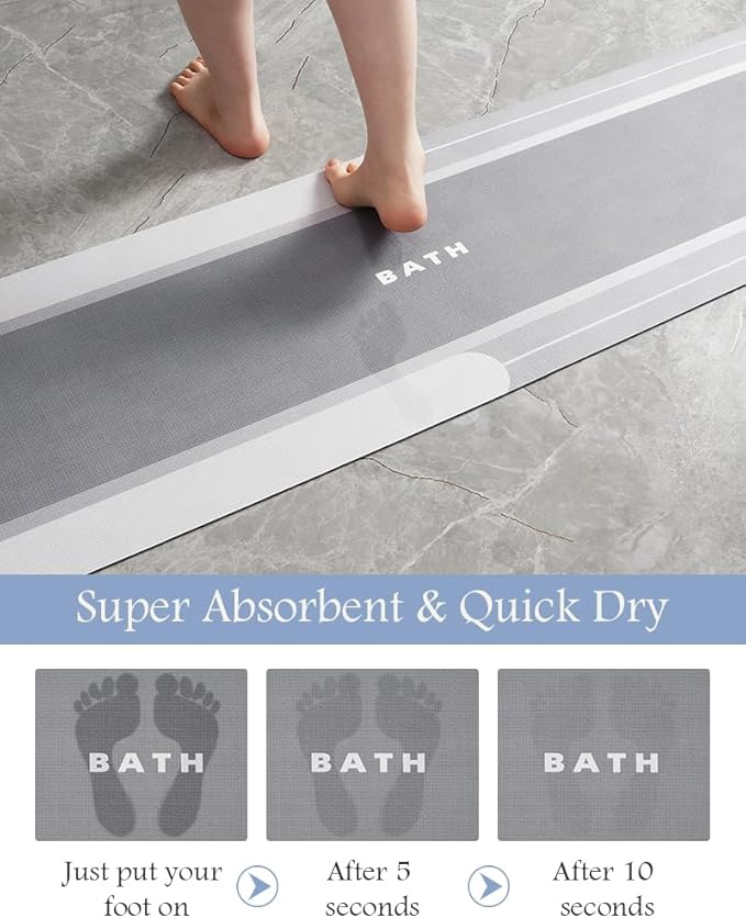 MontVoo Long Bath Mat Runner Non Slip Absorbent Stain Resistant Quick Dry Thin Bath Mat (17" x 50") - Grey