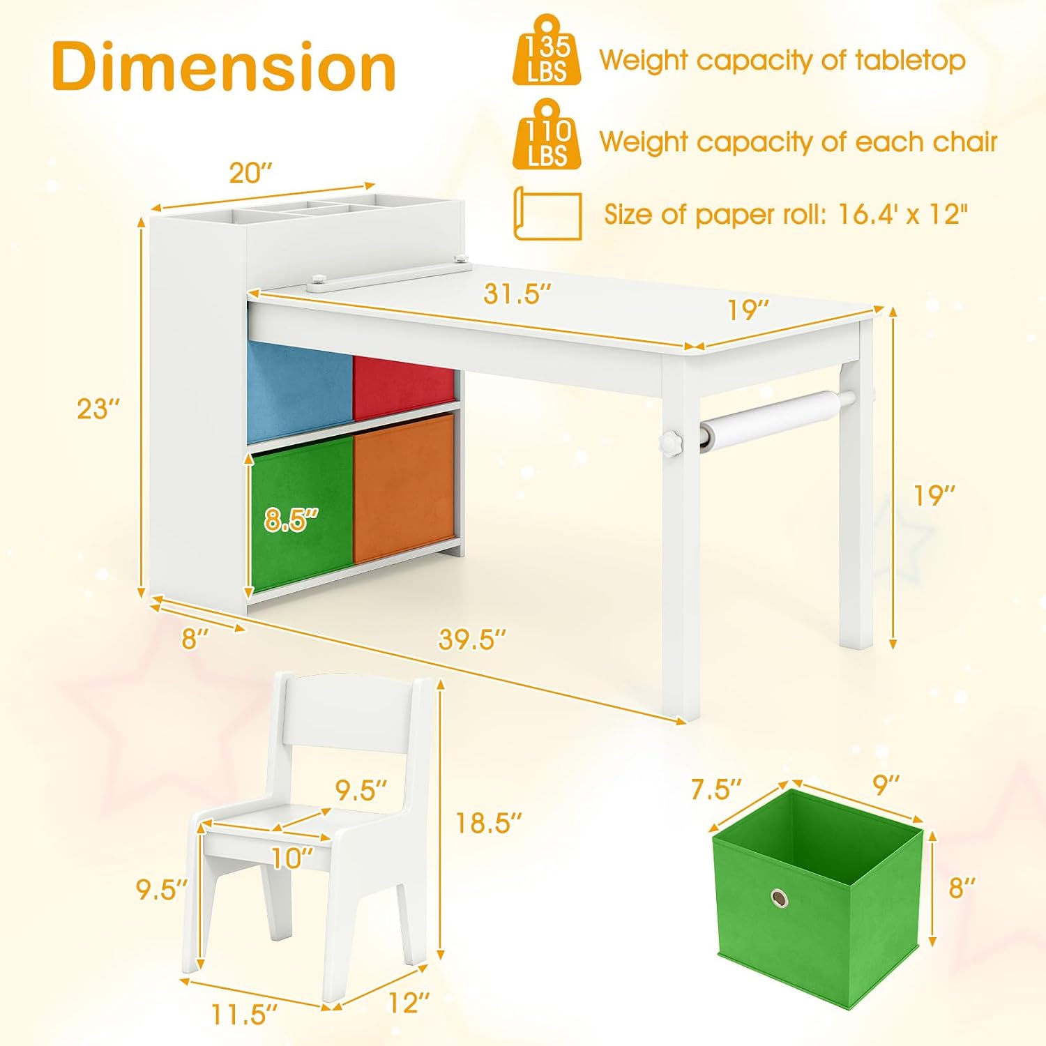 KOTEK Kids Art Table and Chair Set, Kids Craft Table with Paper Roll, 2 Chairs & 4 Storage Bins for Drawing, Reading, Learning, Toddler Activity Play Desk for Playroom or Classroom (White)