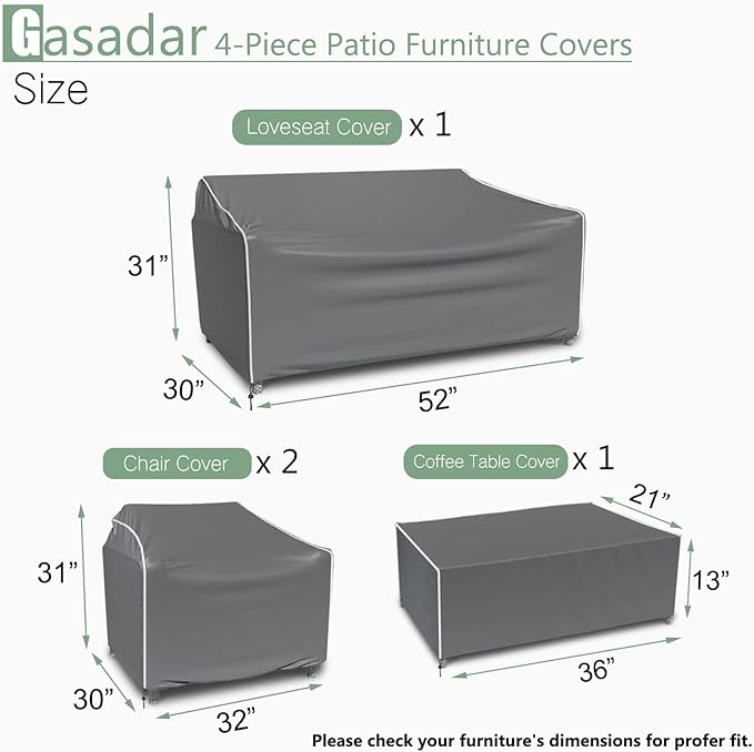 Gasadar Patio Furniture Cover 4-Piece Set, Heavy Dut 600D Outdoor Furniture Cover Waterproof for Lawn Patio Chairs, Loveseat and Coffe table, Grey
