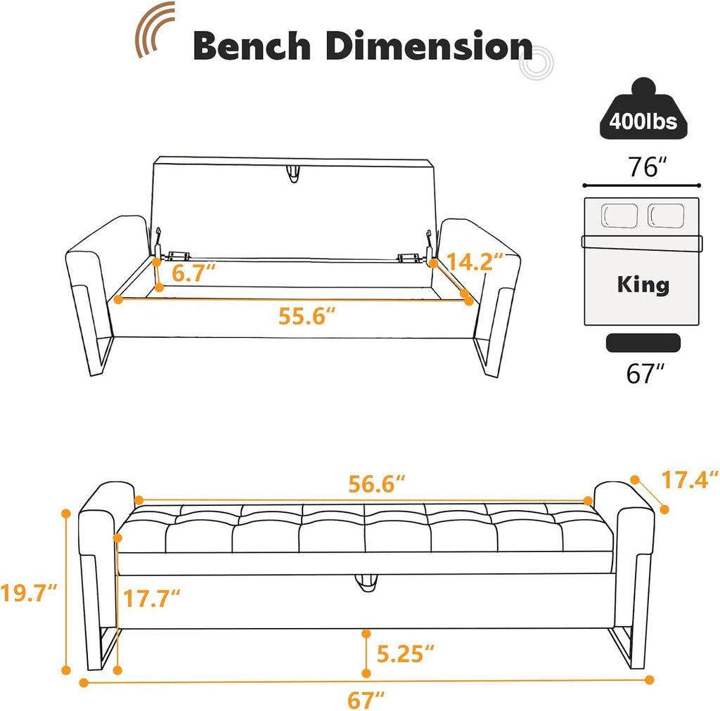 67" End of Bed Storage Bench King Size, Bench for Bedroom Foot of Bed, Upholstered Teddy Storage Ottoman with Gold Legs for Window Living Room, Teddy Beige