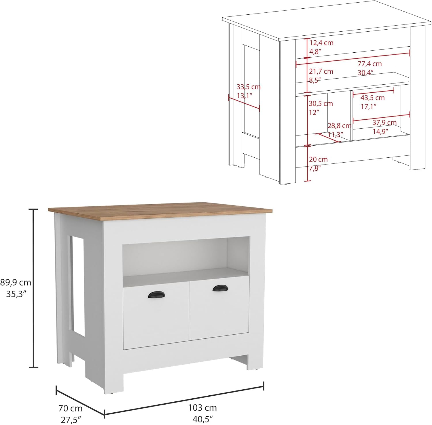 Kitchen Island Two Door Cabinet and Shelf in Multicolor | Includes two cabinet doors and a shelf for storage