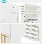 Freestanding Kitchen Pantry Cabinet with 8 Pullout Trays, Tall Storage Organizer with 4 Doors and Adjustable Shelves for Dining Room, Shaker Style (White)