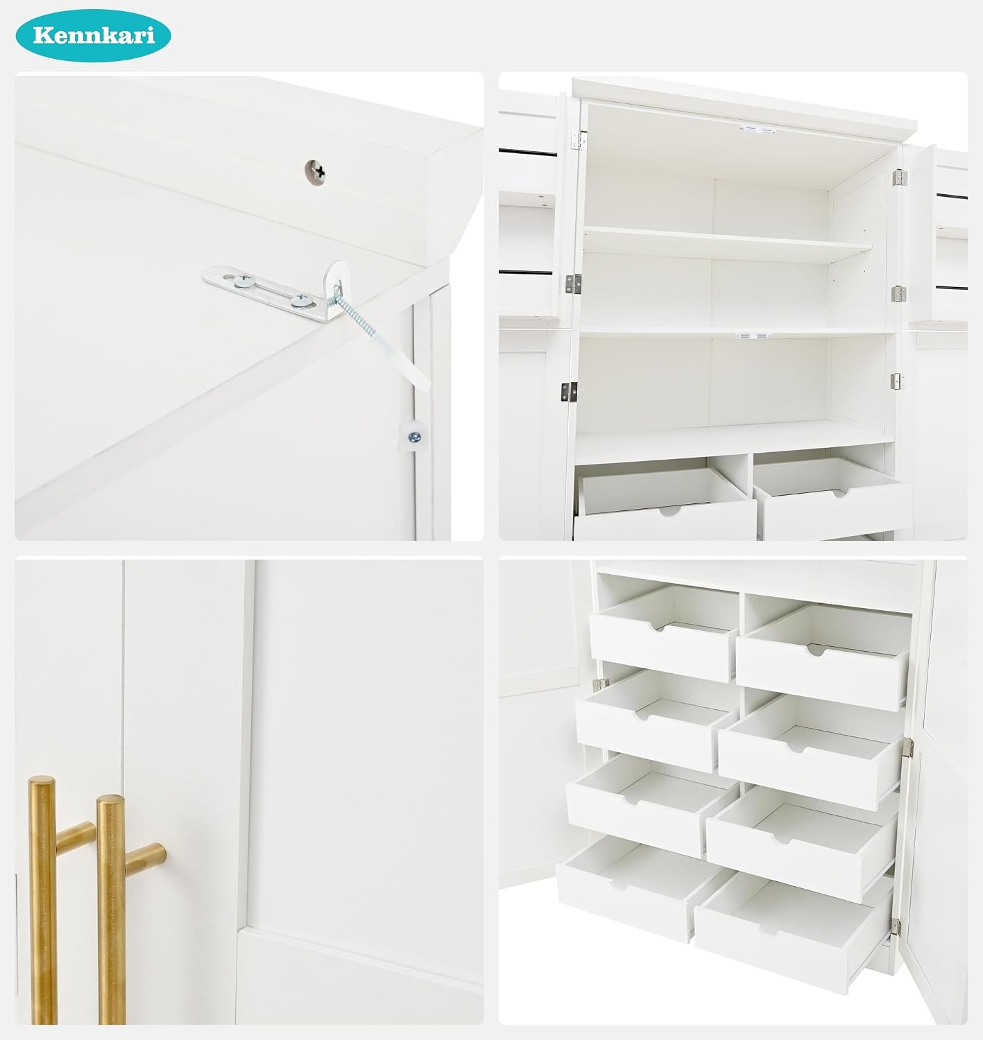 Freestanding Kitchen Pantry Cabinet with 8 Pullout Trays, Tall Storage Organizer with 4 Doors and Adjustable Shelves for Dining Room, Shaker Style (White)
