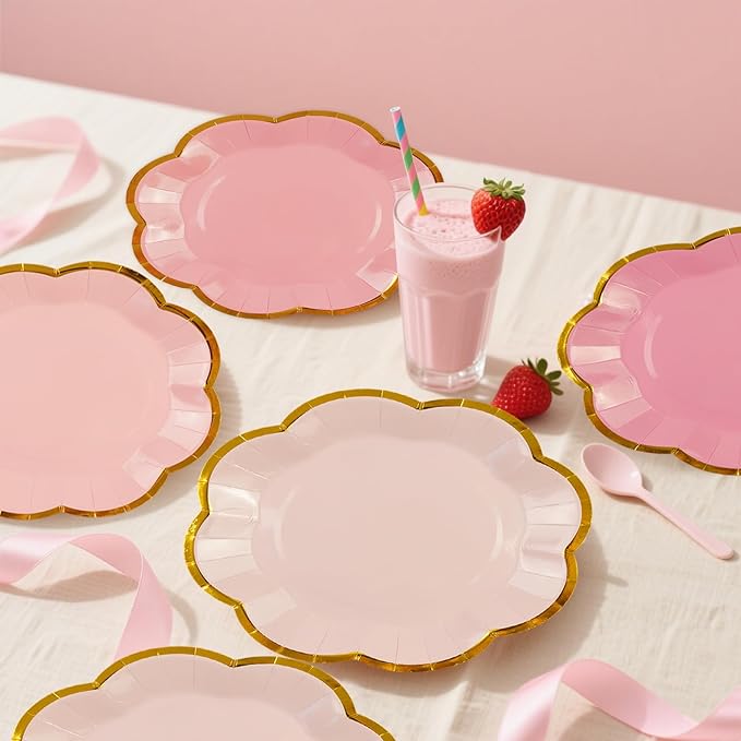 48Pcs Light Pink Scalloped Party Plates - 7inch Gold Foil Gradient Pink Dessert Paper Plate Disposable Cake Plates for Birthday Bridal Baby Shower Wedding Party Decorative Supplies