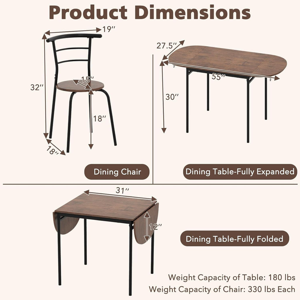 GOFLAME 3-Piece Drop Leaf Dining Table Set, Extendable Kitchen Breakfast Table with 2 Chairs, Space Saving Folding Dining Room Set for Home Kitchen, Apartment, Small Space, Rustic Brown