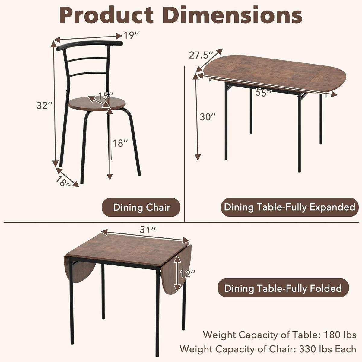 GOFLAME 3-Piece Drop Leaf Dining Table Set, Extendable Kitchen Breakfast Table with 2 Chairs, Space Saving Folding Dining Room Set for Home Kitchen, Apartment, Small Space, Rustic Brown