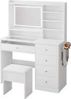 LIVELYGLOW 39.4" White Vanity Desk Set with Glass Desktop & RGB Light Strip | Smart LED Mirror, Charging Station, Cushioned Stool, Hairdryer Rack, 4 Drawers