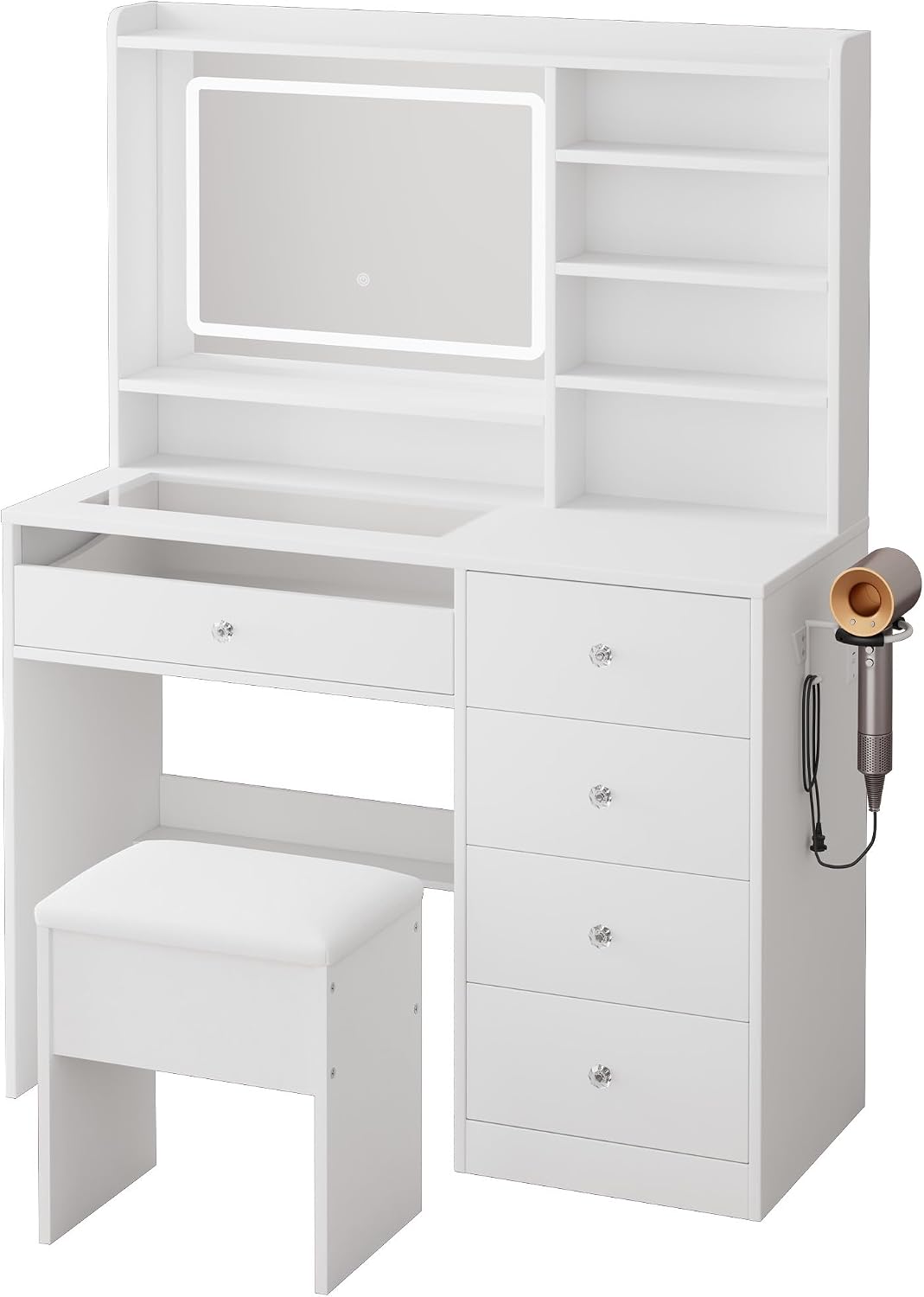 LIVELYGLOW 39.4" White Vanity Desk Set with Glass Desktop & RGB Light Strip | Smart LED Mirror, Charging Station, Cushioned Stool, Hairdryer Rack, 4 Drawers