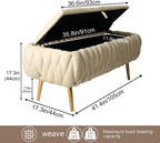 End of Bed Bedroom Storage Bench Upholstered, Hand-Woven Storage Ottoman Bench for Bedroom with Hinged Lid Golden Legs, for Living Room, Entryway Beige