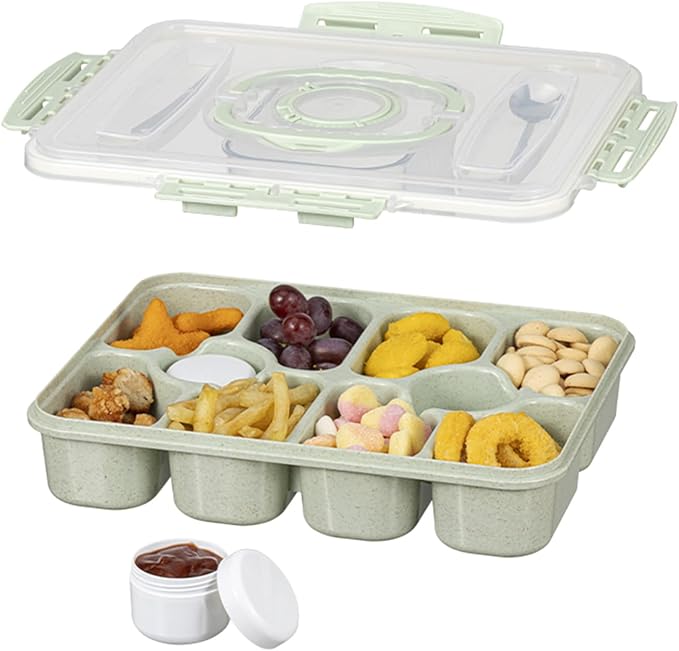 (Diswasher Safe) Divided Snackle Box Container with Lid,Snack Box Container with Cutlery Storage,Fork and Spoon,Fruit Tray,Portable Snack Organizer