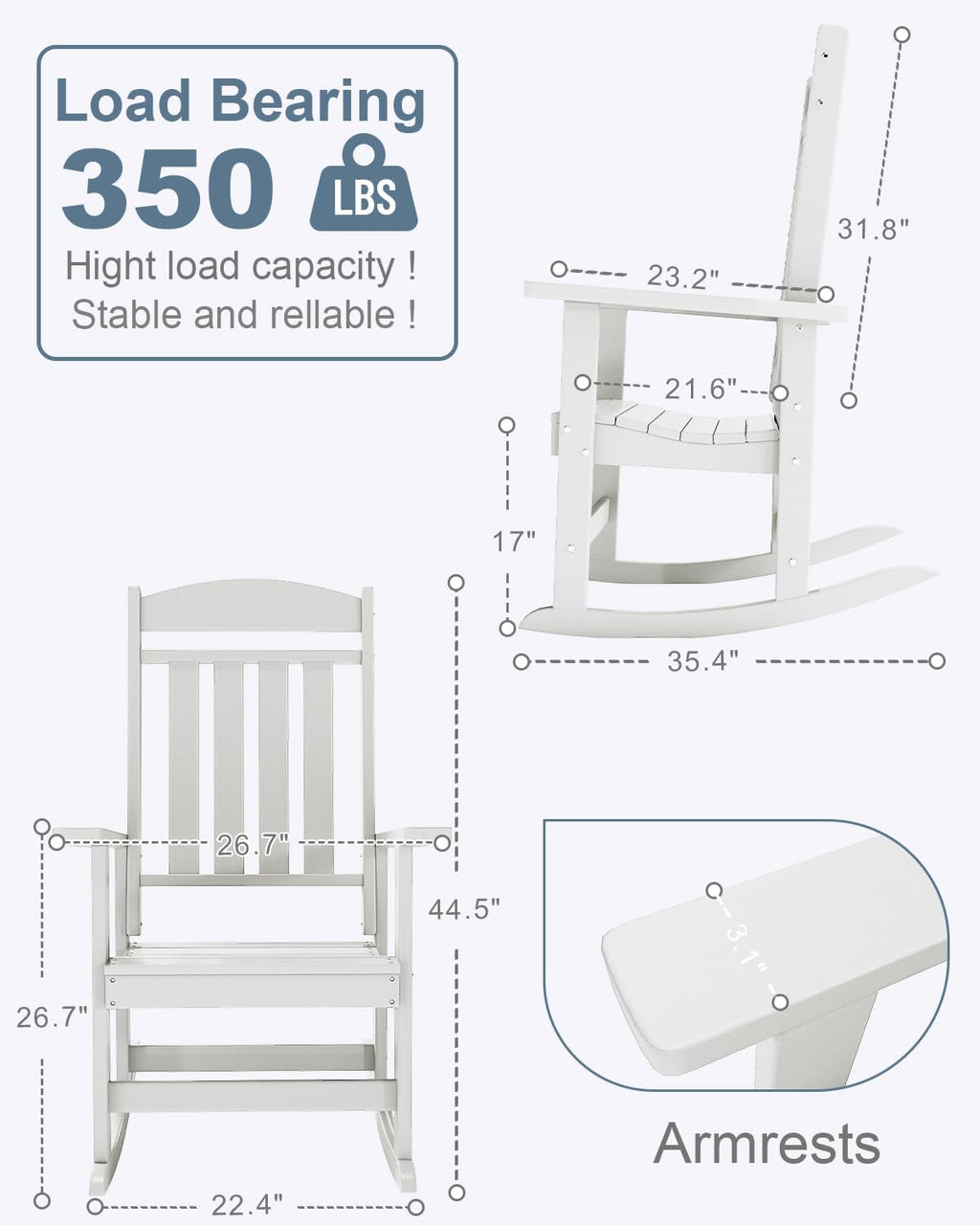 NAVINE Outdoor Rocking Chairs Set of 2, Oversized High Back Patio Rocking Chairs, All Weather Porch Rocking Chairs for Outside. White